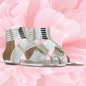 Aquazzura Leather Ravello Key Ring Silver Tone Gladiator Sandals, 37.5 (U.S. 7)